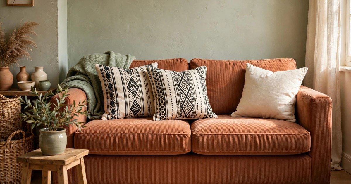 Black and cream mudcloth throw pillow covers on a terracotta sofa