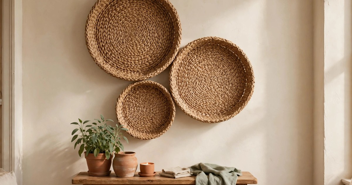 Three woven seagrass wall baskets arranged on a cream wall
