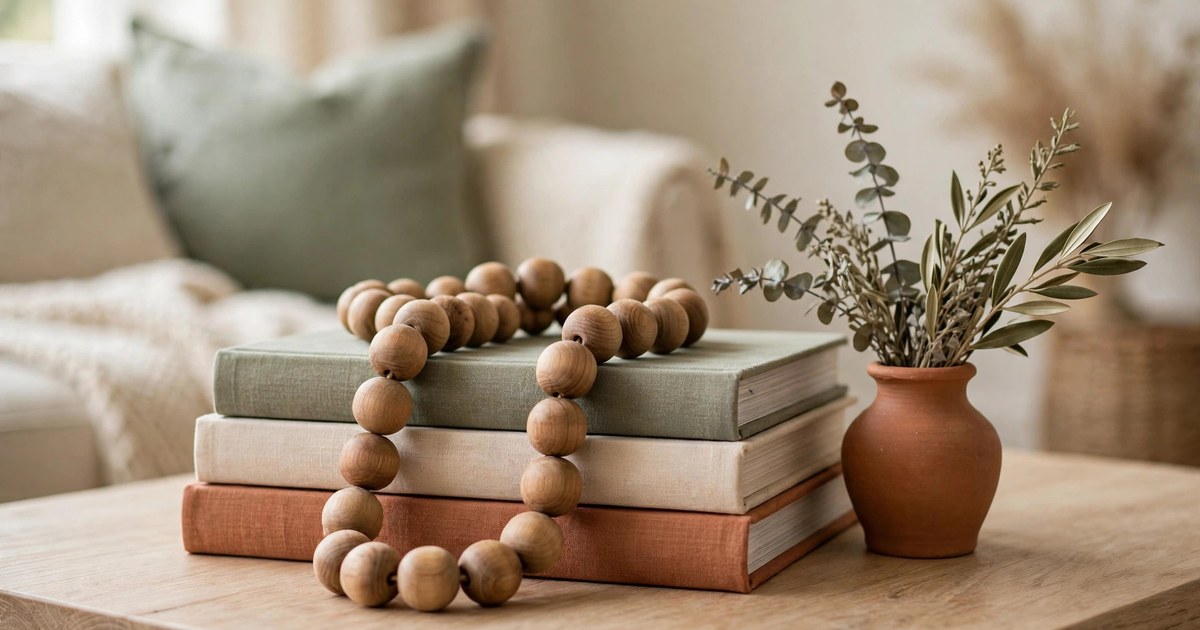 Wooden bead garland draped over a stack of coffee table books