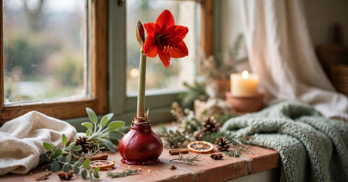 A red waxed amaryllis bulb with a tall red flower stem on a windowsill