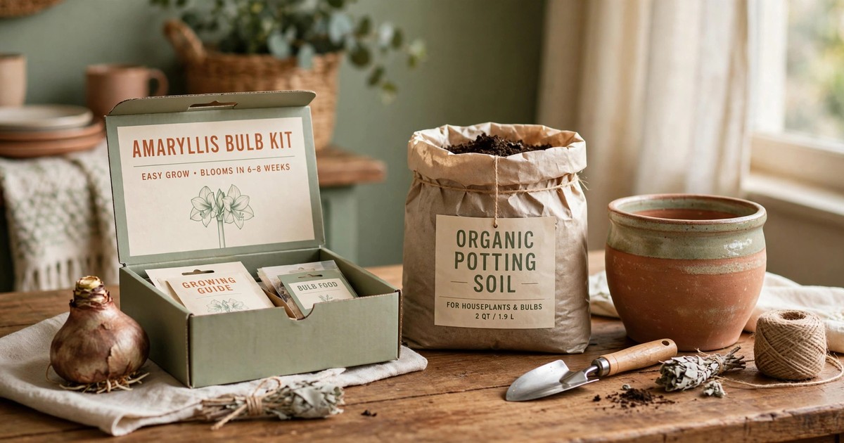An amaryllis bulb kit with a decorative ceramic pot, soil and bulb ready to plant