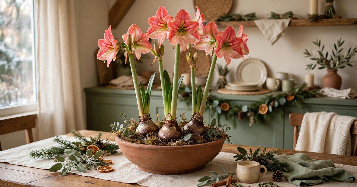 Three amaryllis bulbs planted together in a large bowl producing multiple tall flower stems