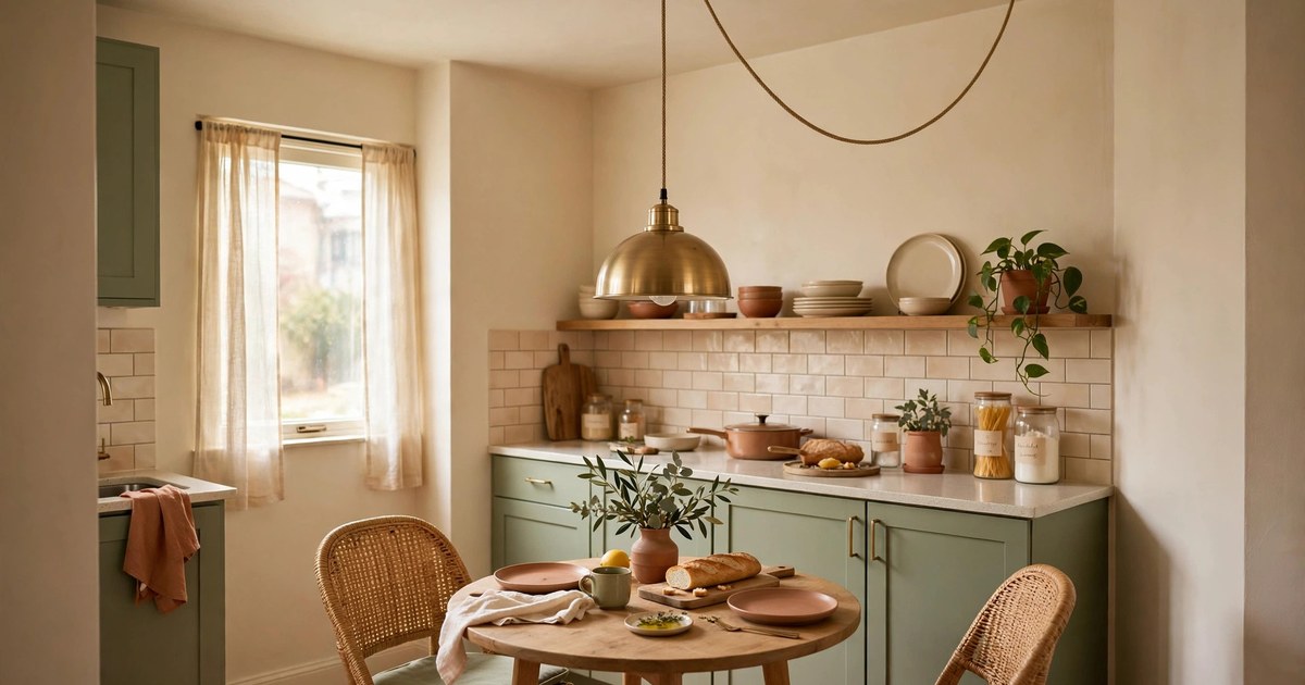 Brass dome pendant light hanging on a long cord over a small round dining table