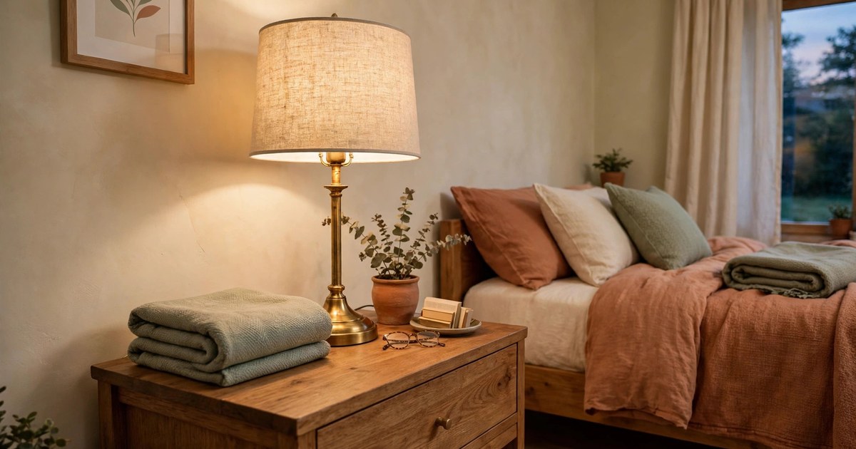Brass table lamp with a natural linen drum shade on a wooden nightstand