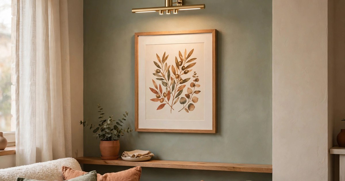 Slim brass battery-powered picture light mounted above a framed art print