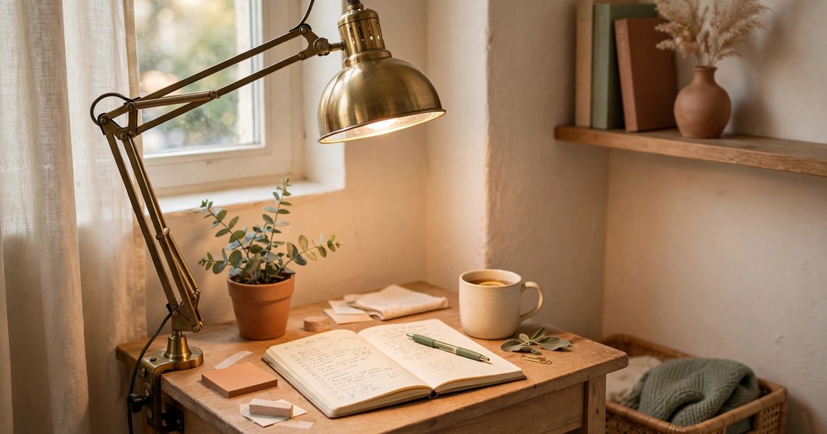 Brass pharmacy desk lamp with an adjustable arm on a small wooden desk