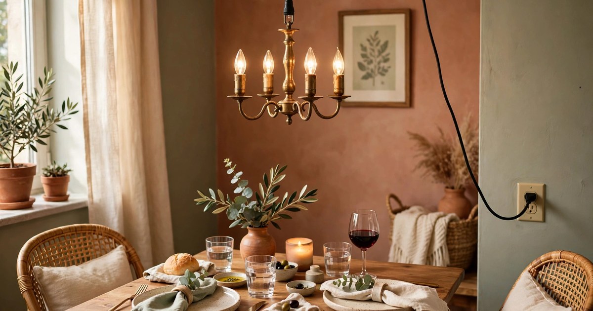 Mini brass candle-style chandelier with a plug-in cord over a small dining table