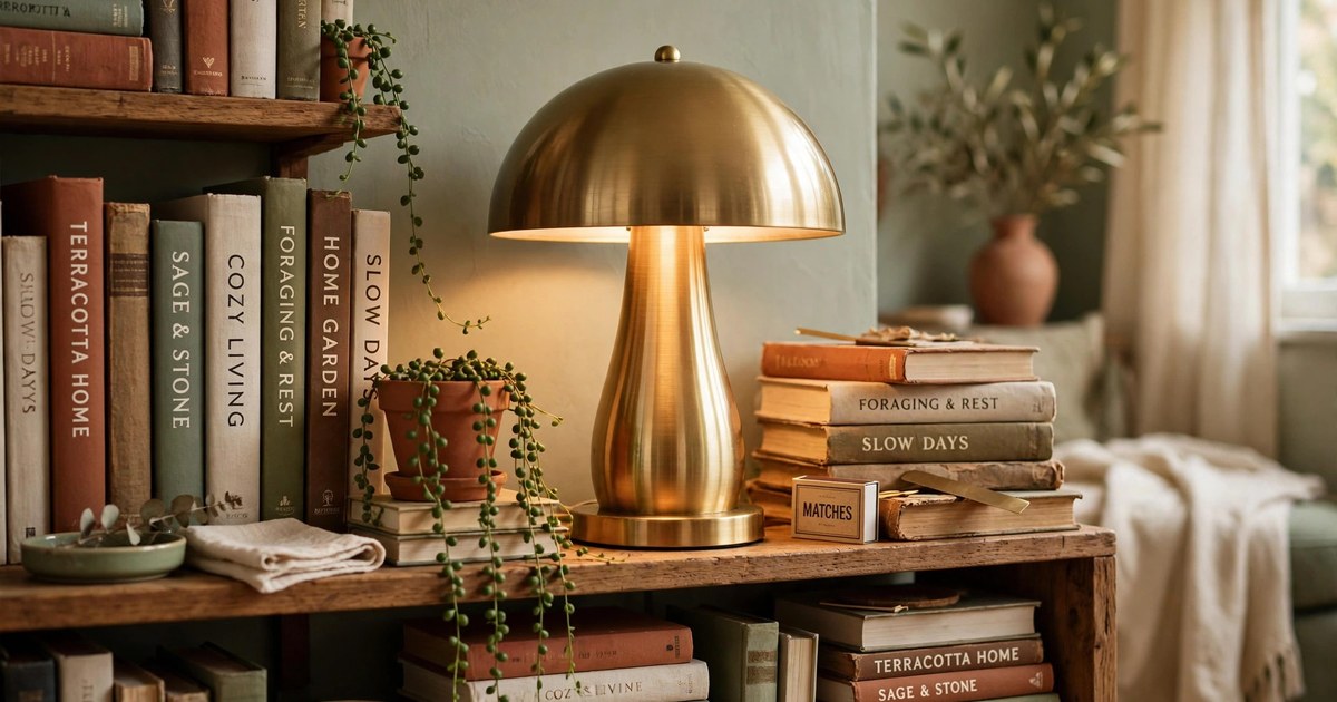 Brass mushroom-shaped table lamp glowing softly on a crowded bookshelf