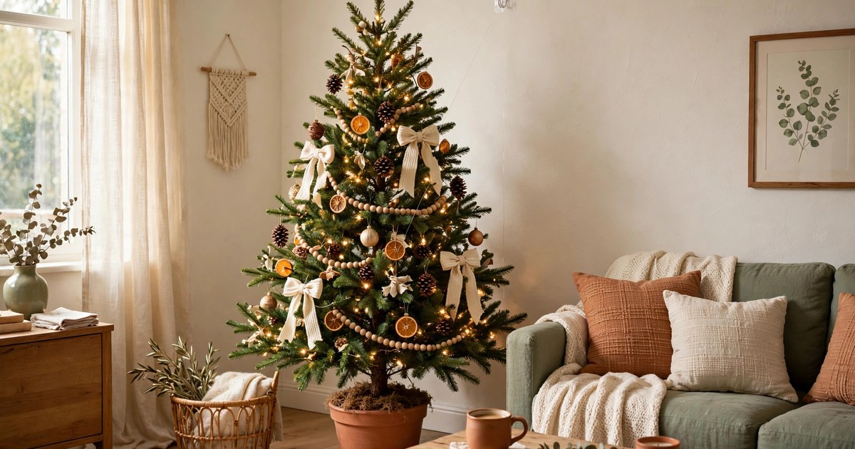 A Christmas tree anchored to a wall with a removable adhesive hook and clear fishing line in a rental living room