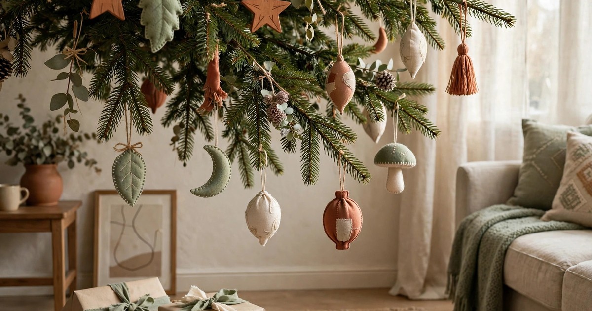 Shatterproof wooden, felt and fabric ornaments on the lower branches of a Christmas tree