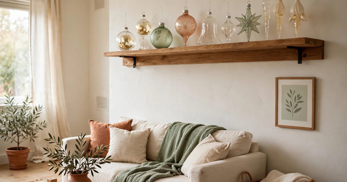 Fragile glass Christmas ornaments displayed high on a stable wall shelf above toddler reach