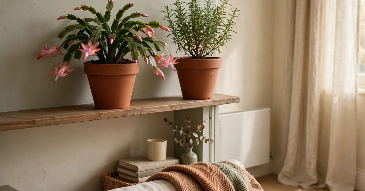 Child-safe Christmas plants, a Christmas cactus and rosemary, in pots on a high shelf