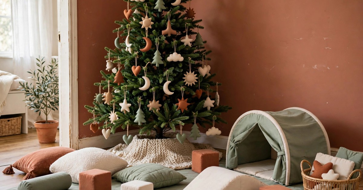 A soft play area under and around a Christmas tree with a chunky woven tree skirt and cushions
