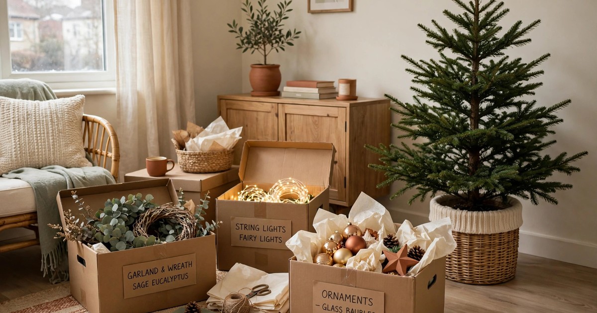 Christmas decorations being packed into labelled storage boxes beside a bare tree in a tidy rental living room