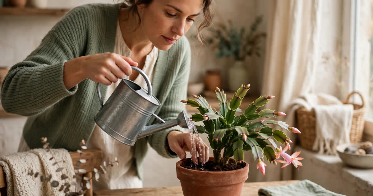 Watering a Christmas cactus carefully with a small watering can, checking soil moisture