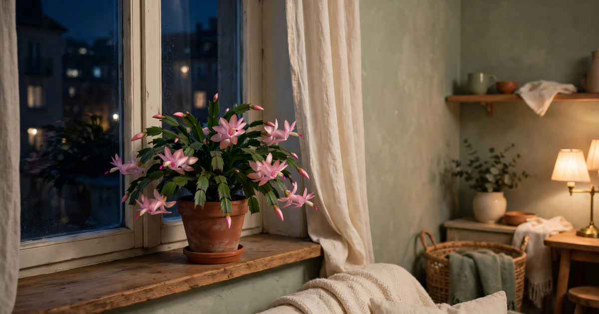 A Christmas cactus in a cool room at night near a window, with cooler temperatures for blooming