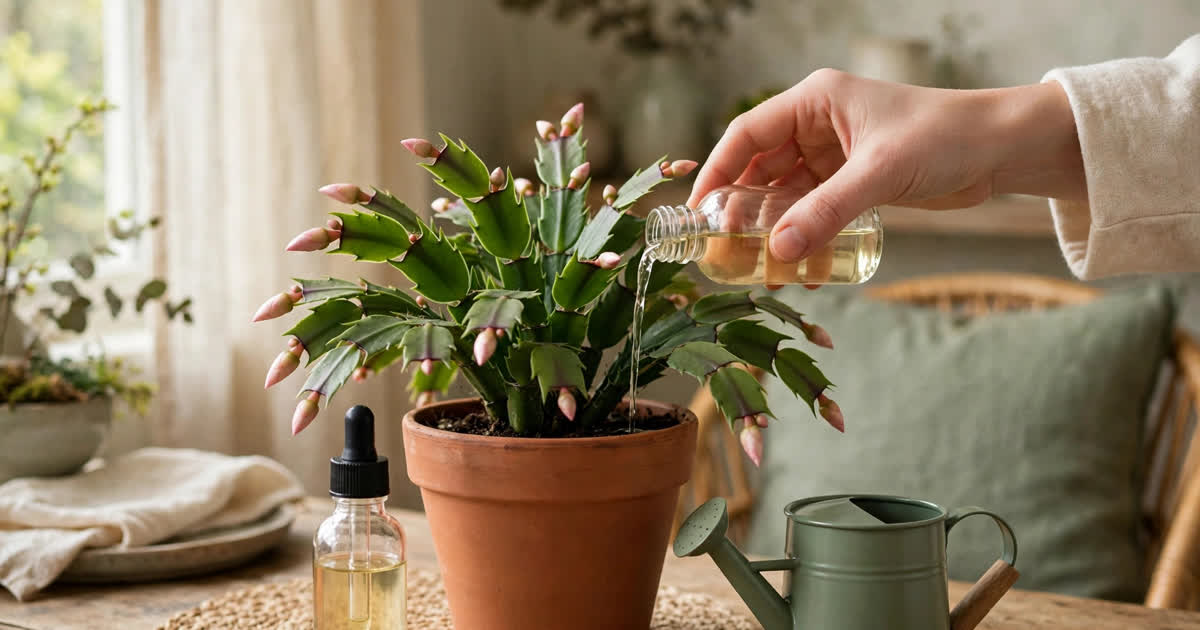 Feeding a Christmas cactus with diluted liquid fertiliser in spring and summer