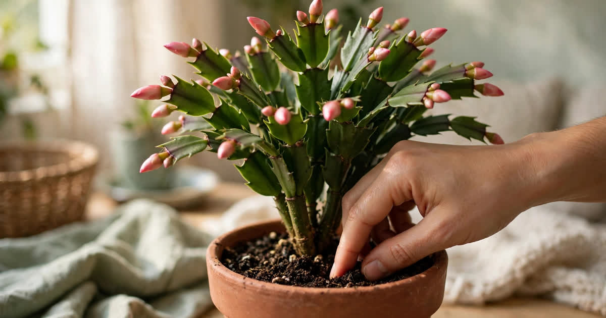 Checking soil moisture of a Christmas cactus with buds, keeping watering steady