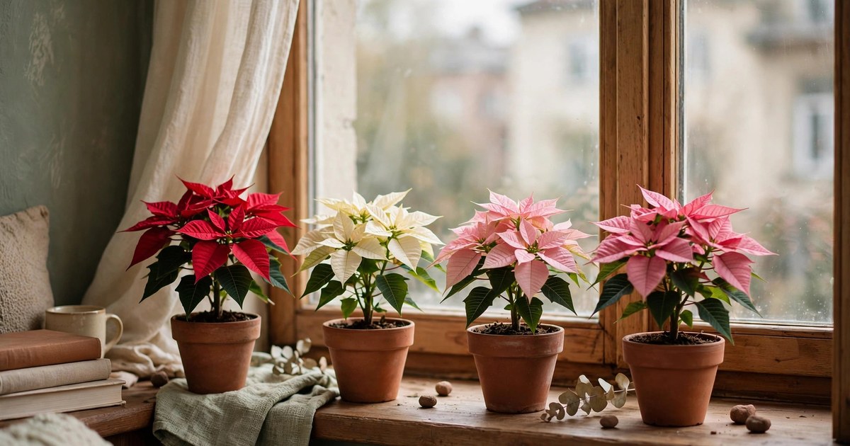 Four mini poinsettia plants in red, cream and pink on a windowsill in a small apartment
