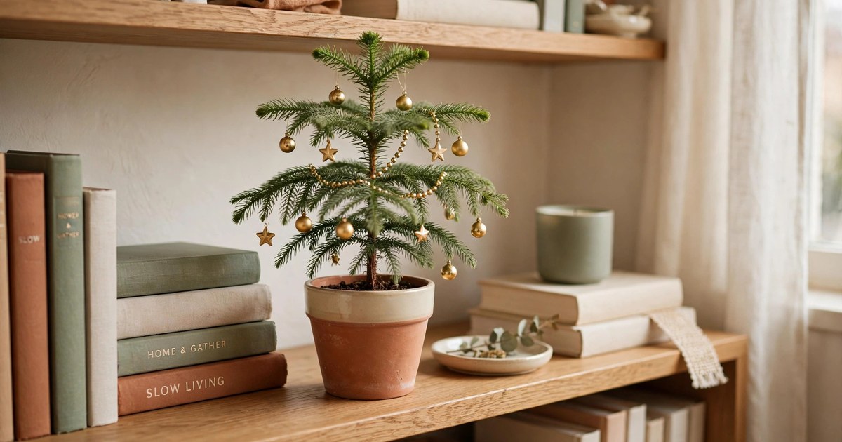 Small potted Norfolk Island pine with tiny gold ornaments on an apartment bookshelf