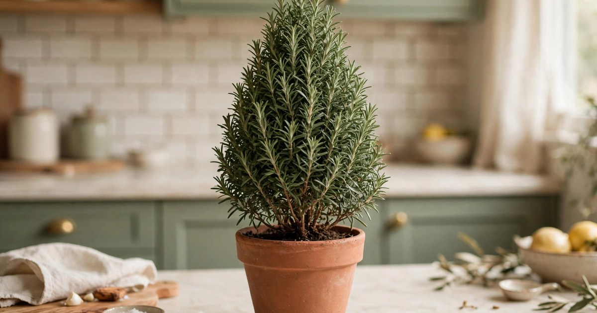 Rosemary plant clipped into a cone topiary shape in a terracotta pot on a kitchen counter