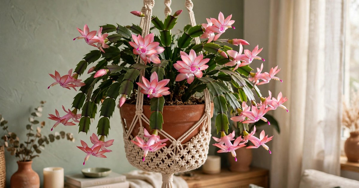 Blooming Christmas cactus with pink flowers in a hanging basket in a cozy apartment