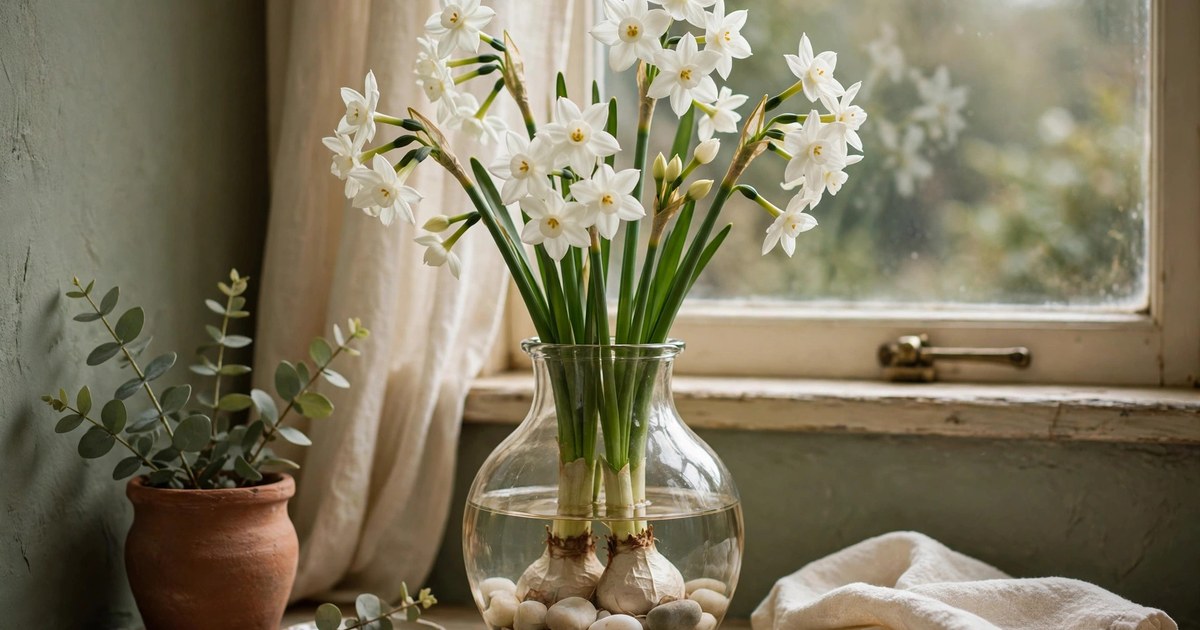 White paperwhite narcissus flowers blooming in a glass forcing vase on a windowsill