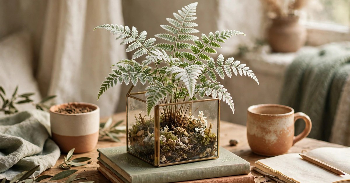 Frosty fern with white-tipped fronds in a small glass terrarium on a desk
