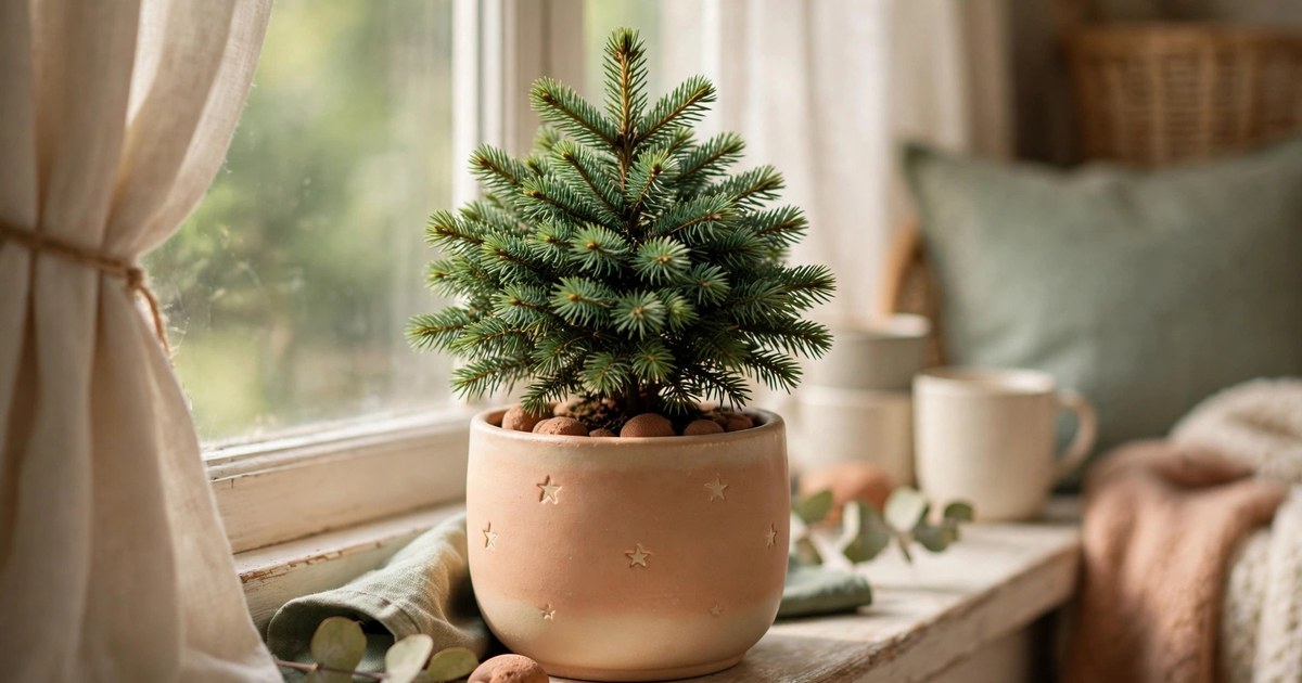Small dwarf Alberta spruce in a ceramic pot decorated with a tiny star on a windowsill