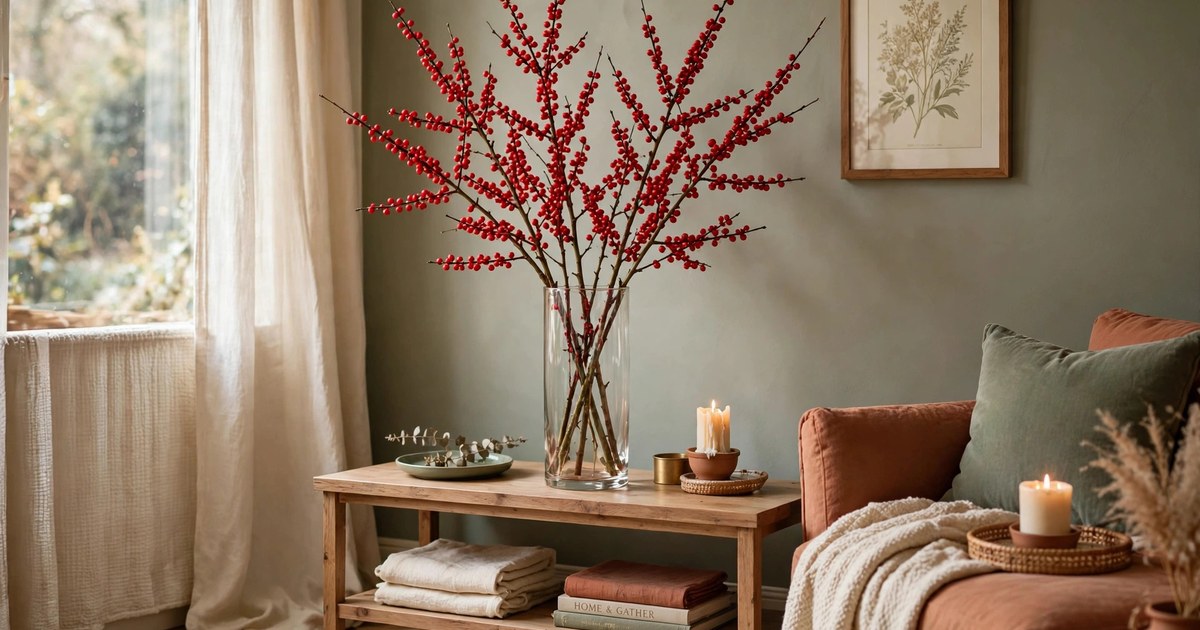 Red winterberry stems arranged in a tall glass vase on a console table in a warm living room