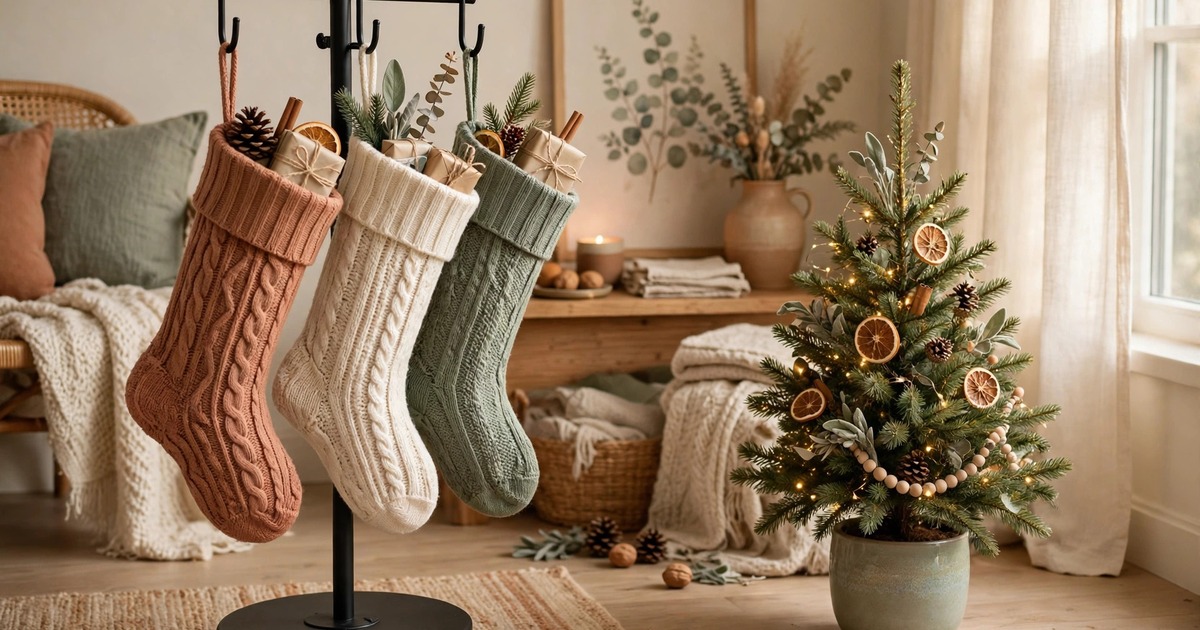 A weighted freestanding stocking stand holding three filled stockings beside a small Christmas tree