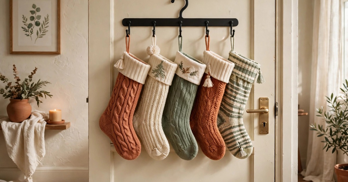 Stockings hanging from an over-the-door hanger on an apartment interior door