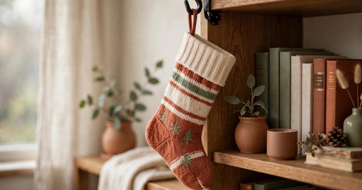 A stocking hanging from a clamp hook attached to the edge of a bookshelf