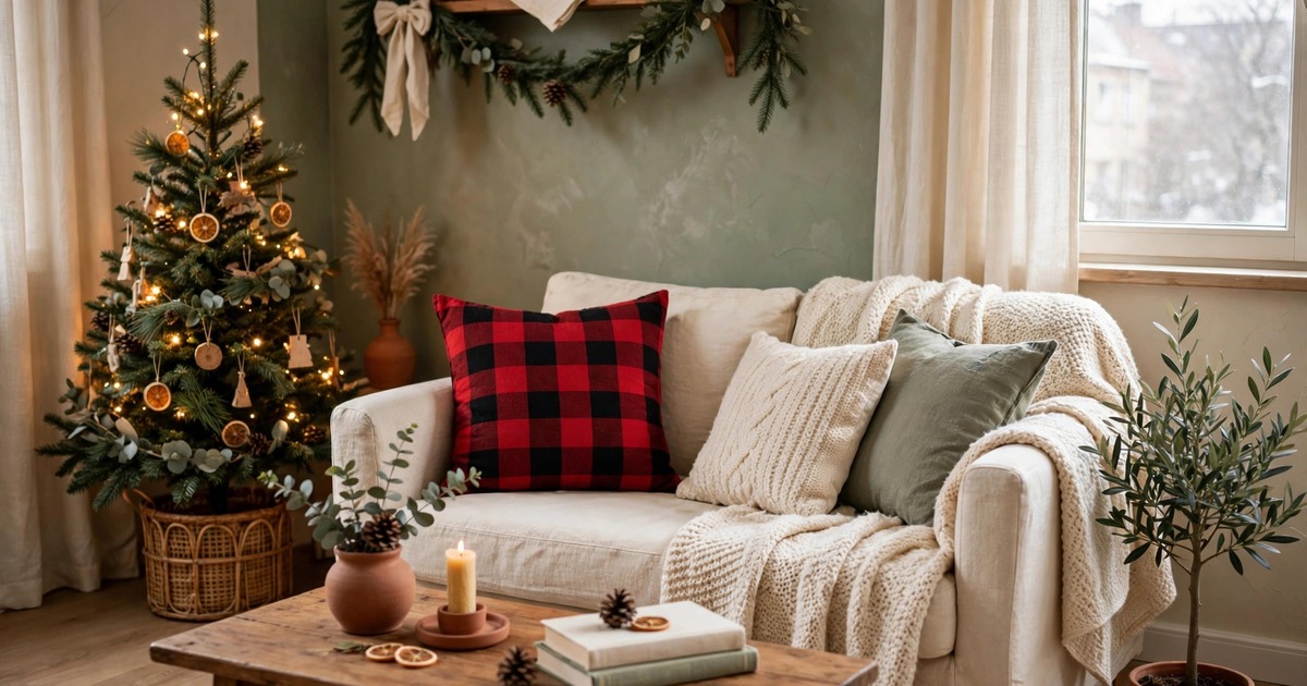 A red buffalo plaid throw pillow cover on a sofa in a small apartment living room