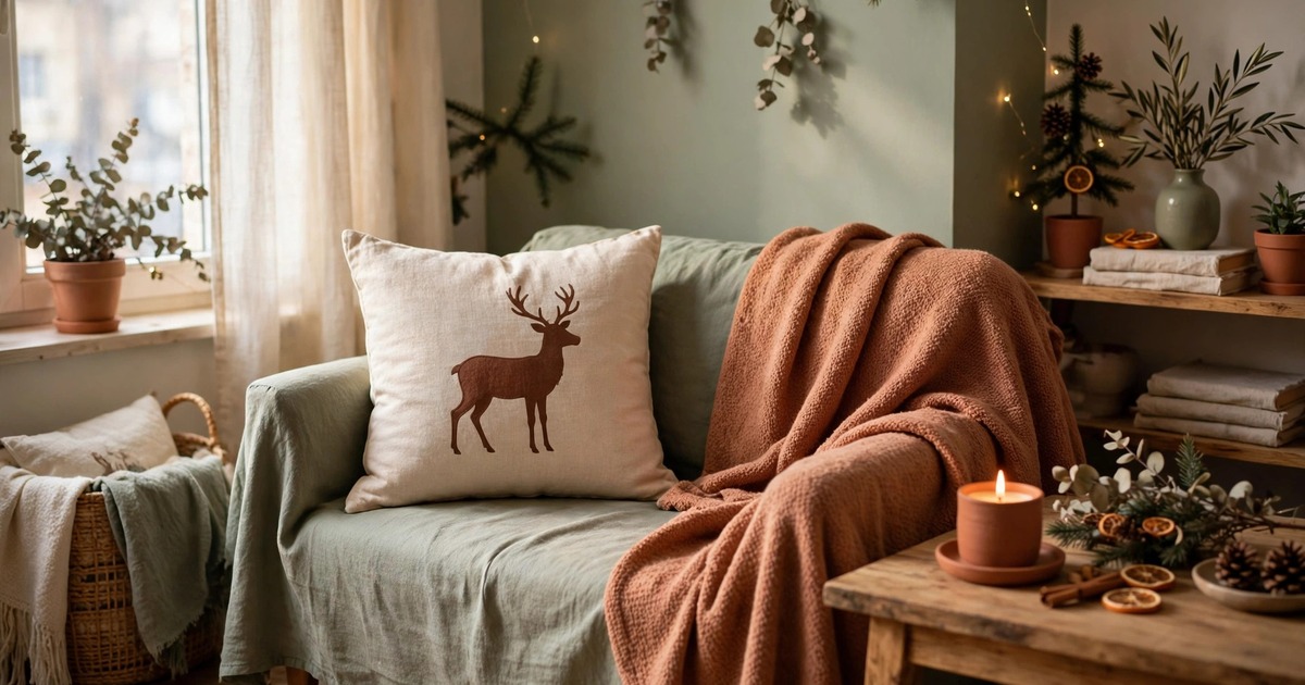 A linen throw pillow cover with a reindeer silhouette on a sofa in a small apartment