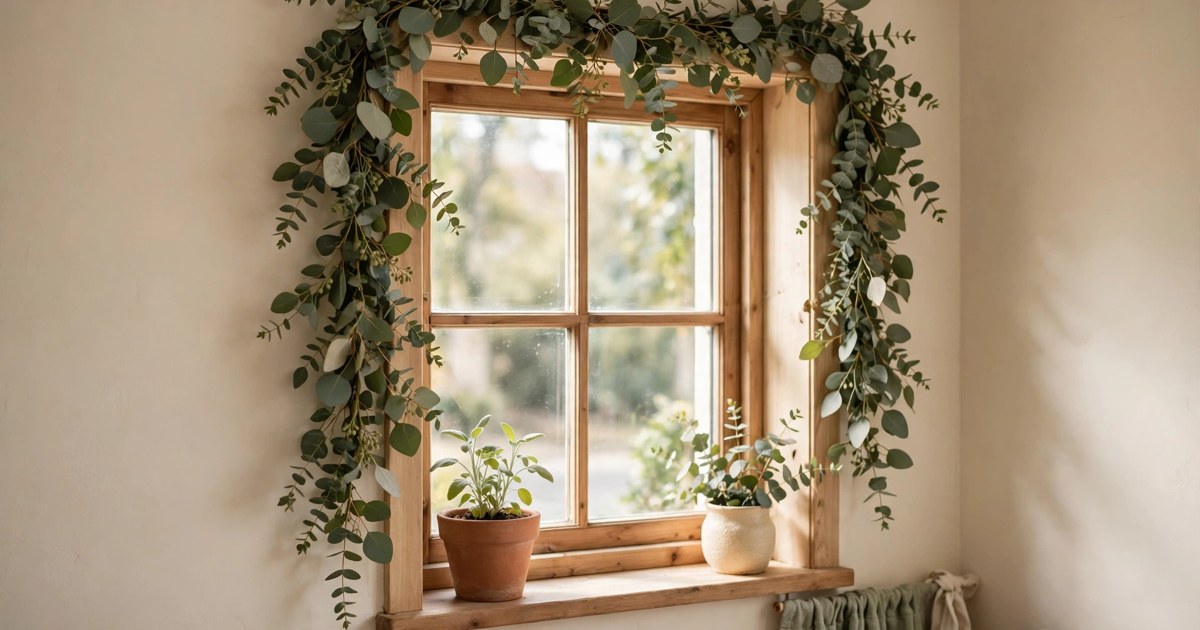 Fresh eucalyptus garland draped around a small apartment window frame with cream walls