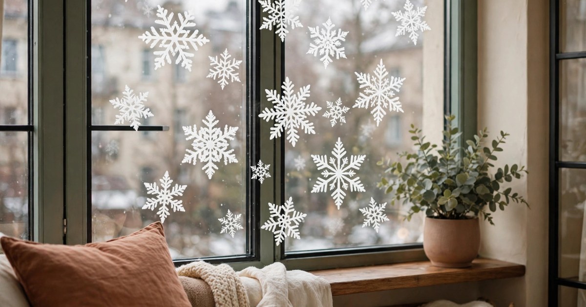 White static-cling snowflake window decals on a glass apartment window, renter-friendly