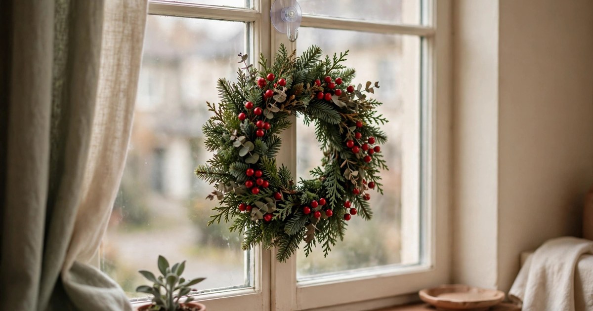 Small evergreen wreath with red berries hanging in an apartment window on a suction cup hook