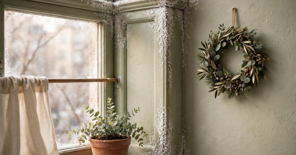 Apartment window corners decorated with artificial spray snow frost and a small wreath