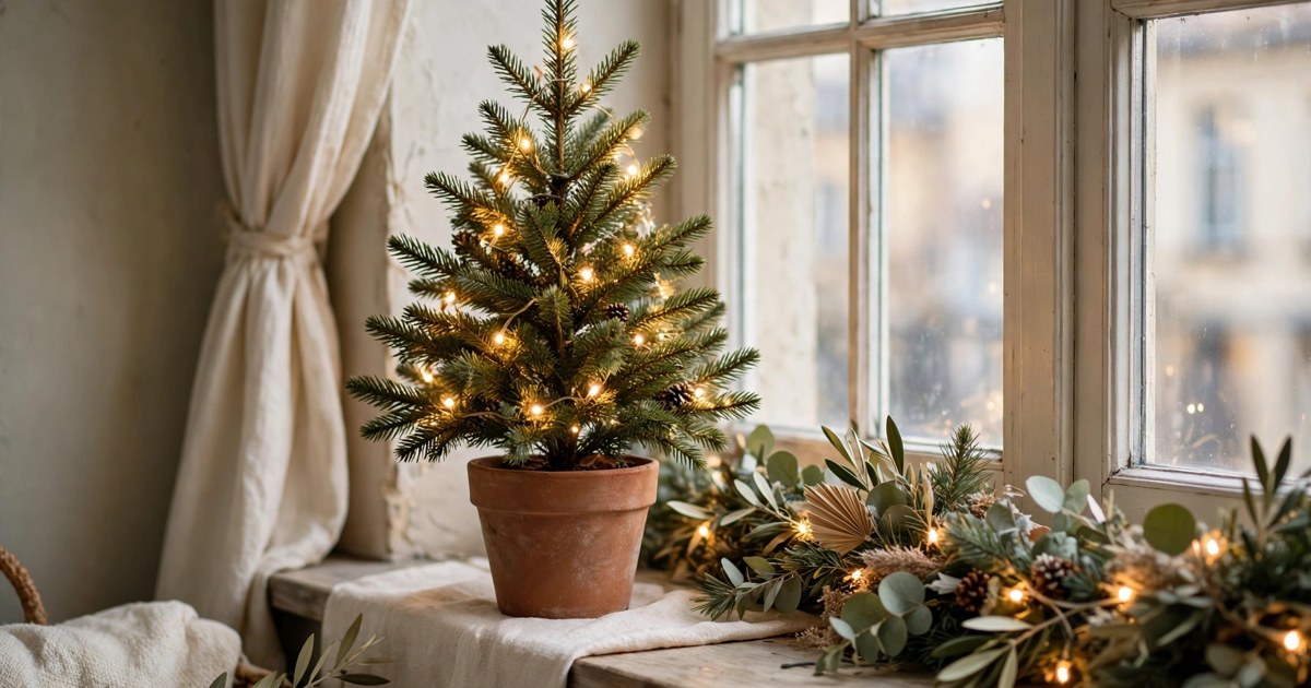 Small tabletop Christmas tree with warm lights on an apartment windowsill beside a garland