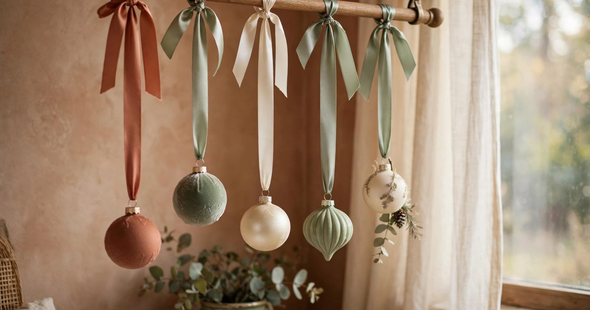 Christmas ornaments hanging at different heights from satin ribbons tied to a curtain rod