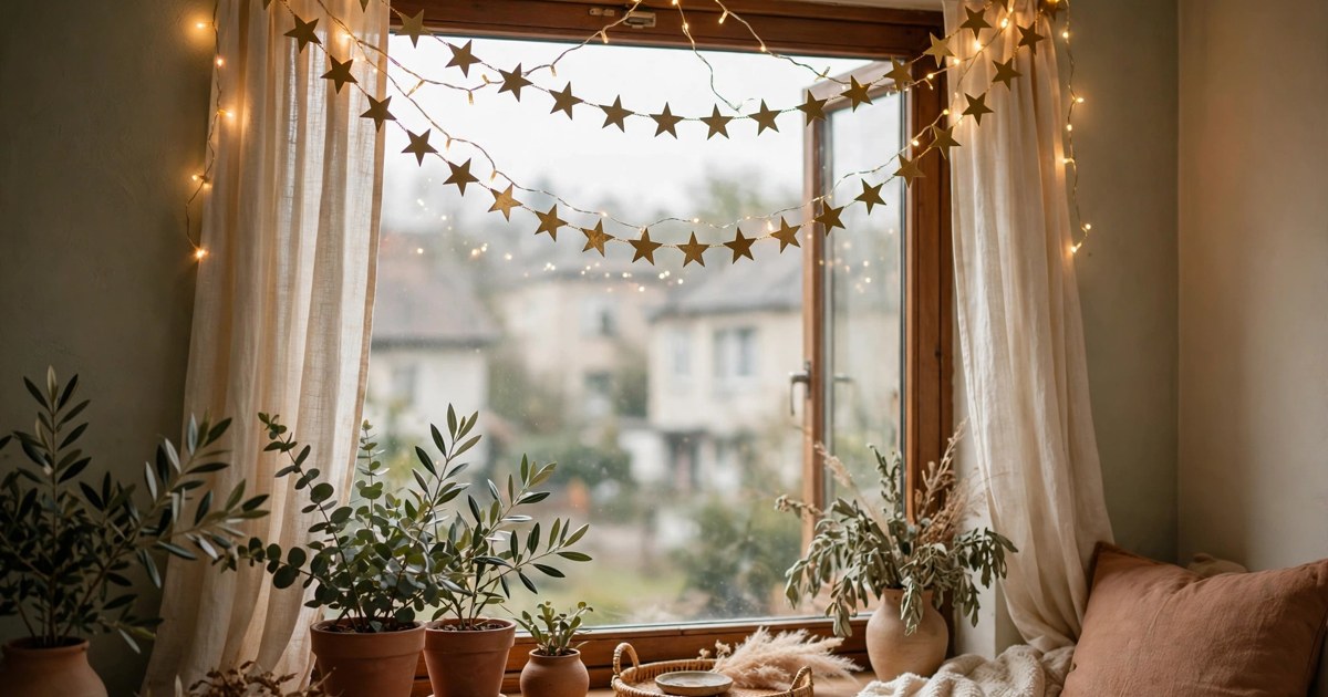 Gold star garland draped across the top of an apartment window with warm fairy lights
