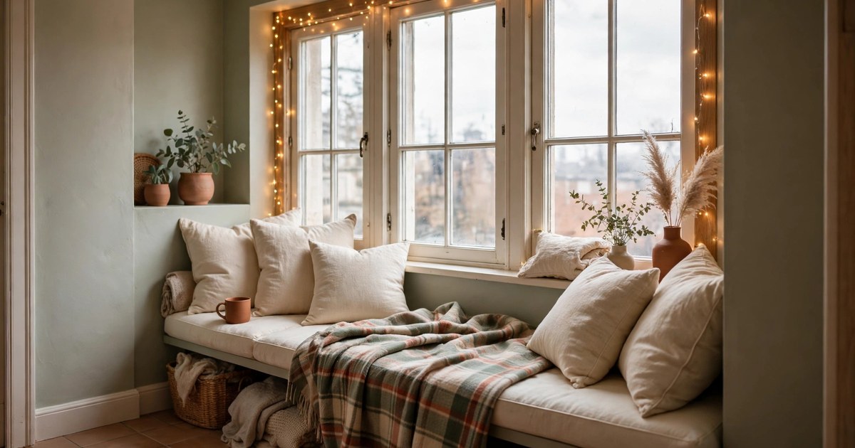 Cosy window reading nook with cream cushions, a plaid throw and Christmas fairy lights in a small apartment
