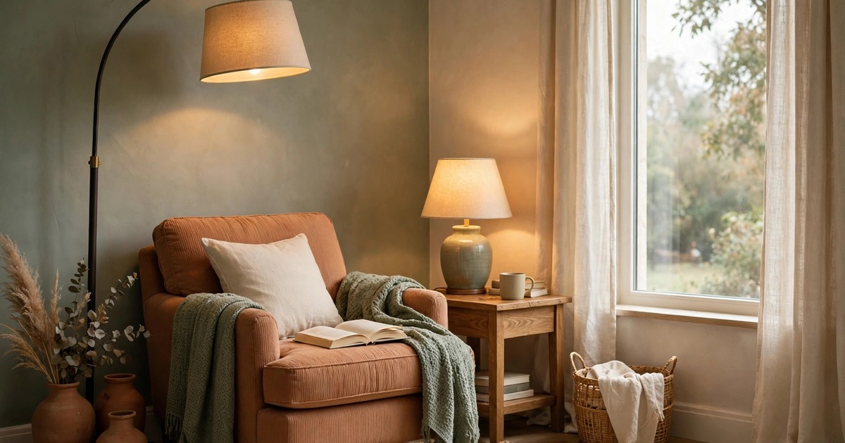 A reading nook with layered lighting: a floor lamp, a small table lamp and natural window light