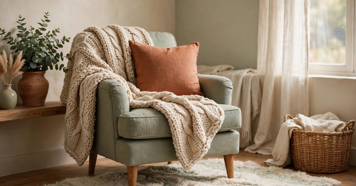 A reading chair dressed with a chunky knit throw, a cushion and a soft rug