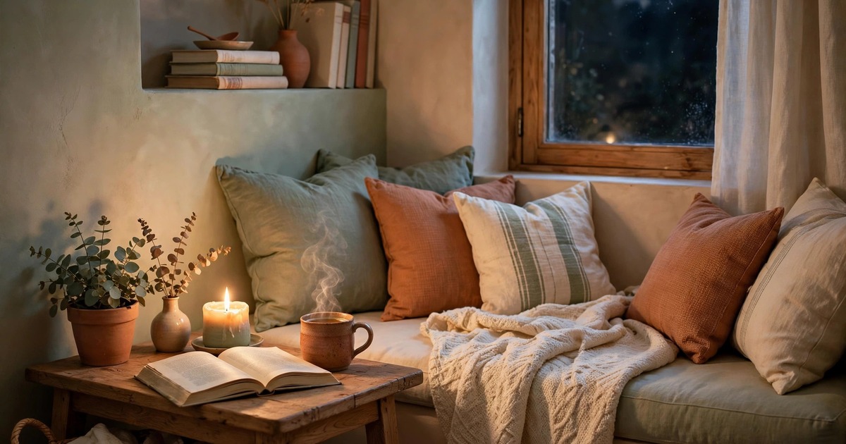 A cozy reading nook at night with a mug of tea, a candle and an open book
