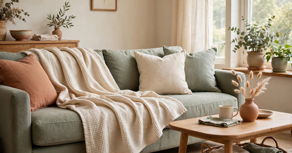 A lightweight waffle-weave cotton throw blanket on a sofa in a bright living room