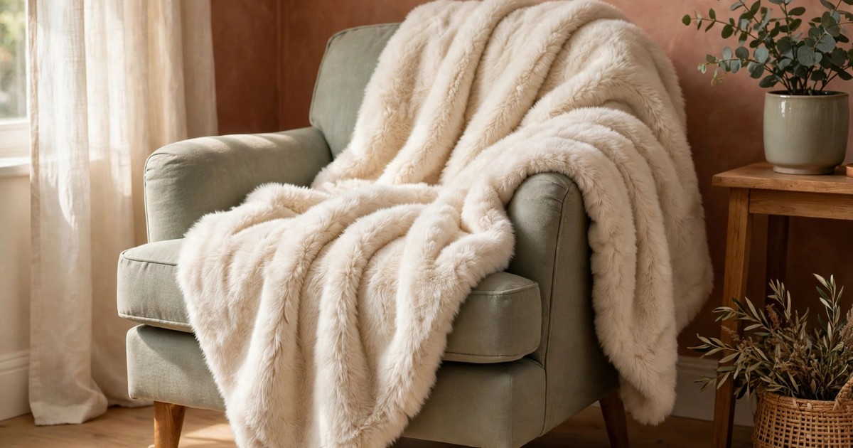 A plush faux fur throw blanket in soft cream on an armchair