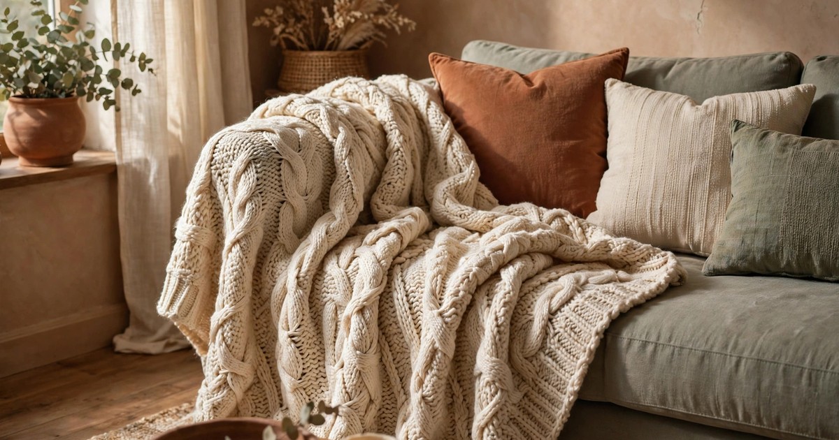 A heavy textured knit throw blanket draped over a sofa corner