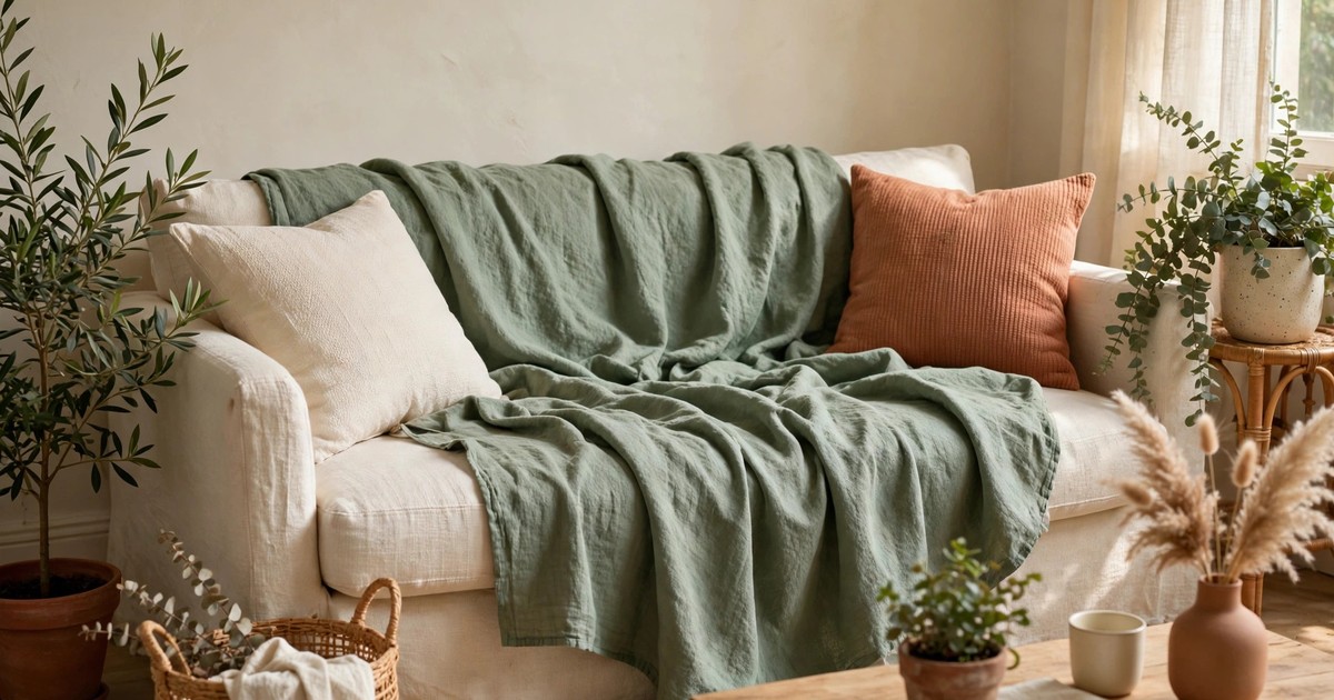 A sage green linen-look throw blanket on a sofa with plants nearby